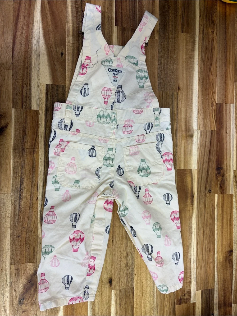 OshKosh B'gosh Cream Overalls with Pink, Green & Navy Balloon Print